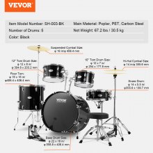 VEVOR Adult Drum Set, 5-Piece, 558.8 mm Complete Full Size Drum Kit with Bass Toms Snare Floor Drum Adjustable Throne Stands Cymbal Hi-Hat Pedal and Drumsticks, Beginner Drum Kit for Adults, Black