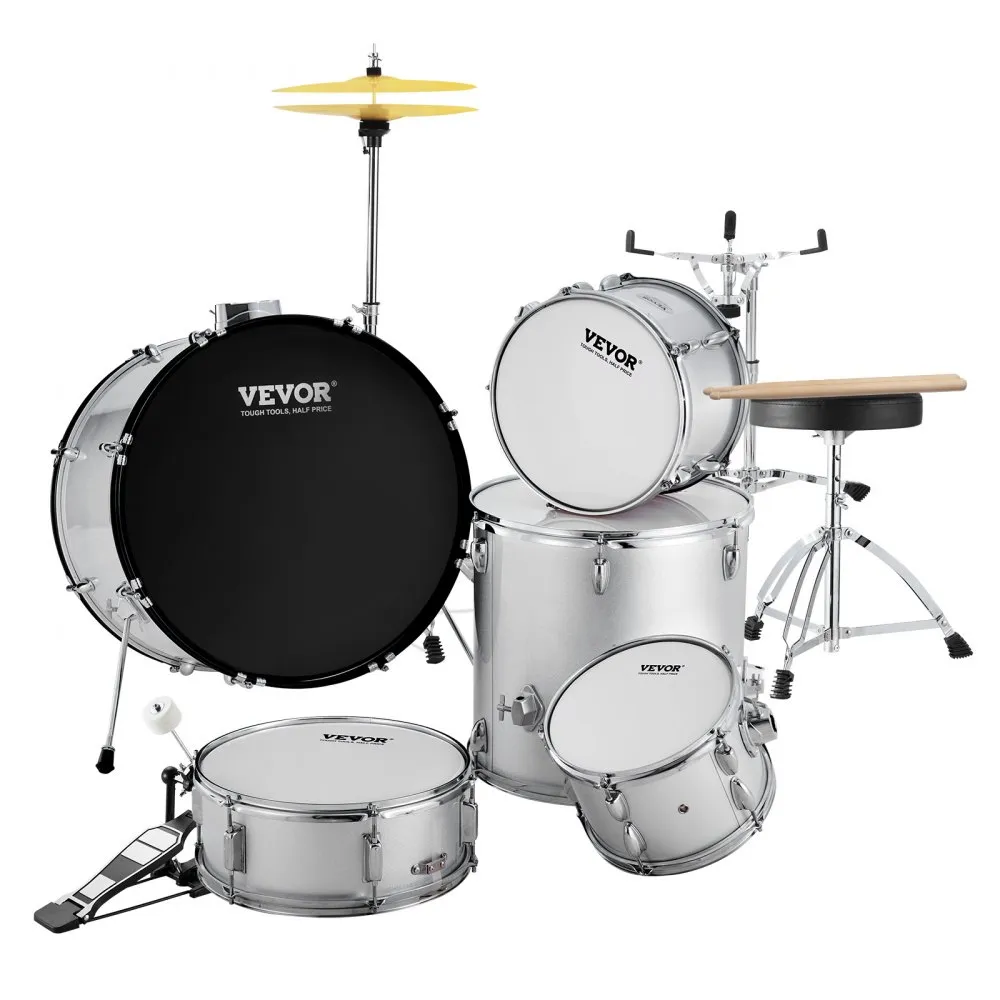 VEVOR adult drum set display with black bass drum, white snare, toms, yellow cymbals, and stool.