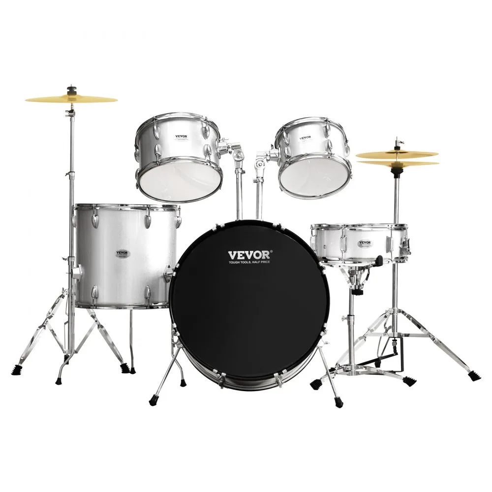 full VEVOR adult drum set with silver drums, black bass, and golden cymbals.