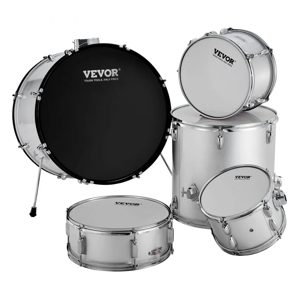 VEVOR adult drum set featuring bass, snare, and toms in sleek metallic silver finish.