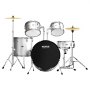 full VEVOR adult drum set with silver drums, black bass, and golden cymbals.