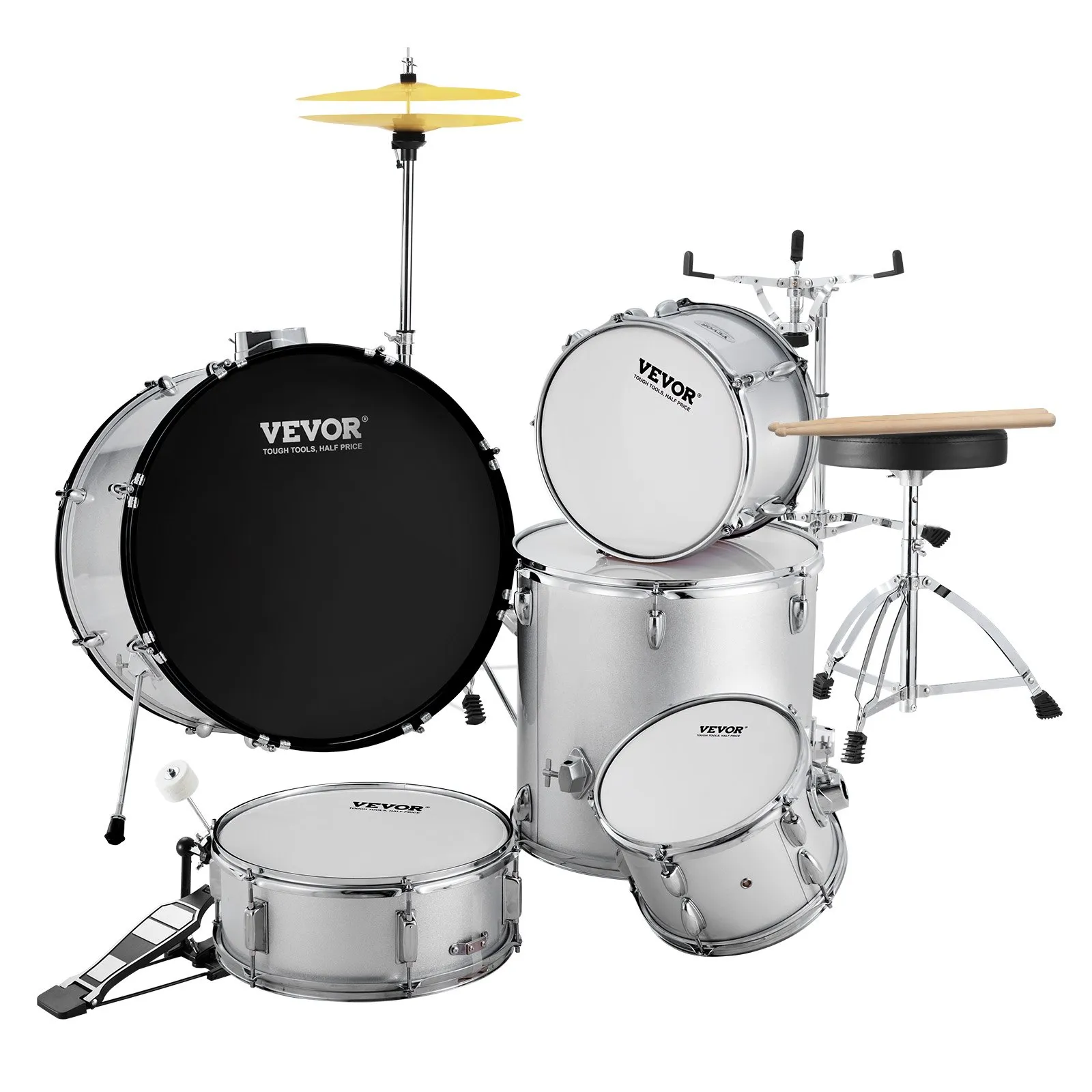 VEVOR adult drum set display with black bass drum, white snare, toms, yellow cymbals, and stool.