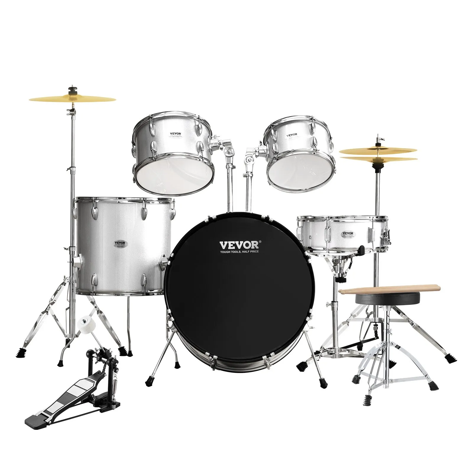 VEVOR adult drum set with bass drum, snare, toms, cymbals, kick pedal, and drum throne.