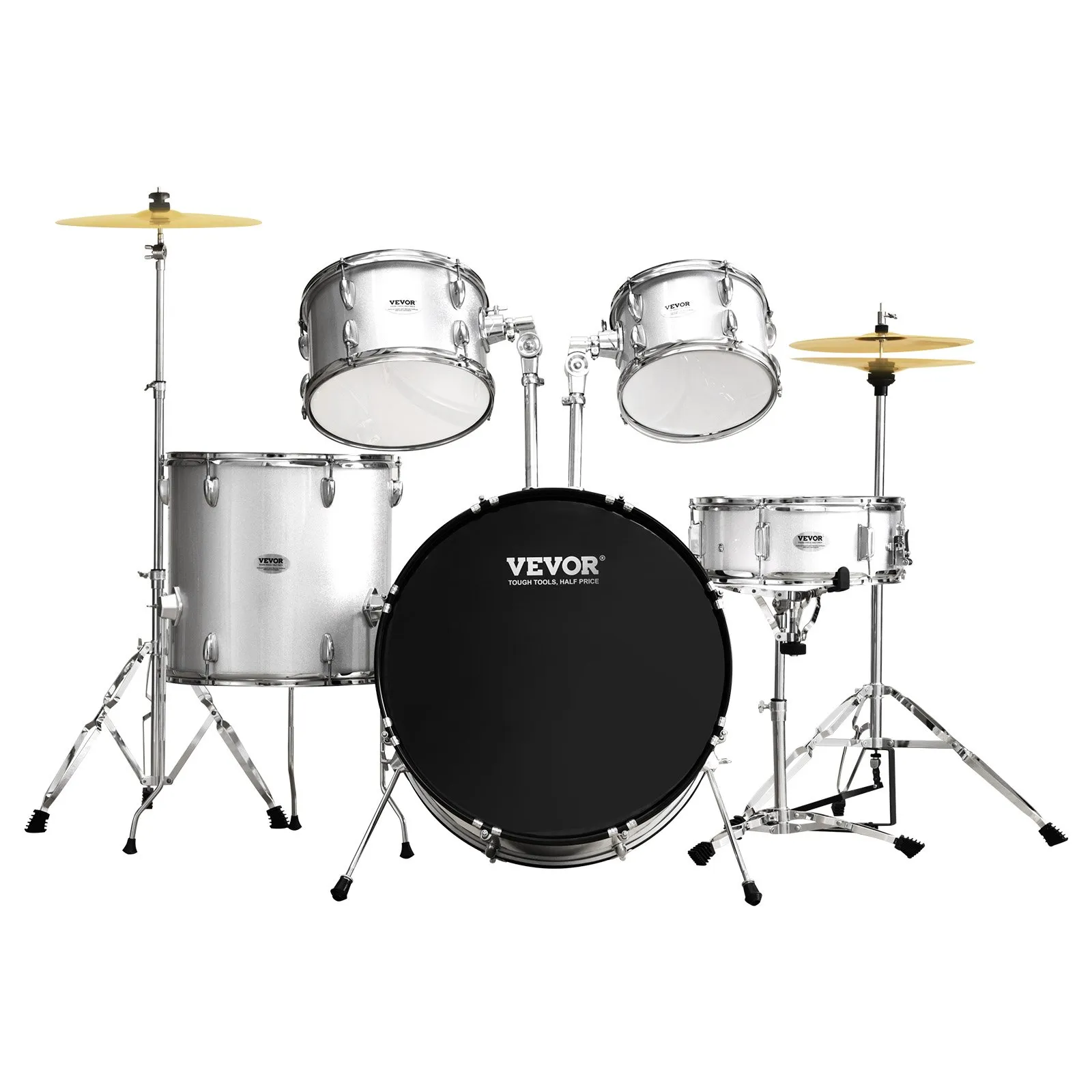 full VEVOR adult drum set with silver drums, black bass, and golden cymbals.