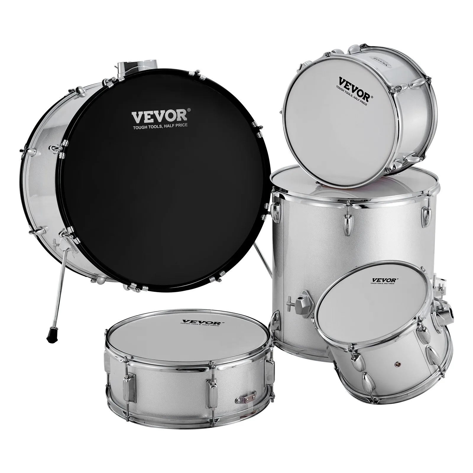 VEVOR adult drum set featuring bass, snare, and toms in sleek metallic silver finish.