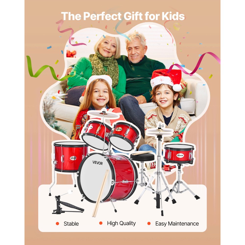 VEVOR Kids Drum Set, 5-Piece 406.4 mm Junior Drum Sets, Beginner Drums Set with Adjustable Throne and Two Pairs of Drumsticks, Musical Learning Drums Instruments Kit, for Children Ages 6-13 (Red)