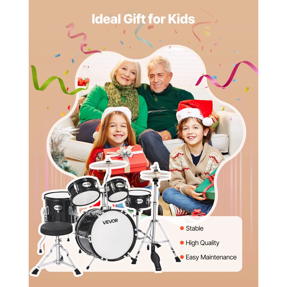 VEVOR Kids Drum Set, 5-Piece 355.6 mm Junior Drum Sets, Beginner Drums Set with Adjustable Throne and Two Pairs of Drumsticks, Musical Learning Drums Instruments Kit, for Children Ages 6-13(Black)