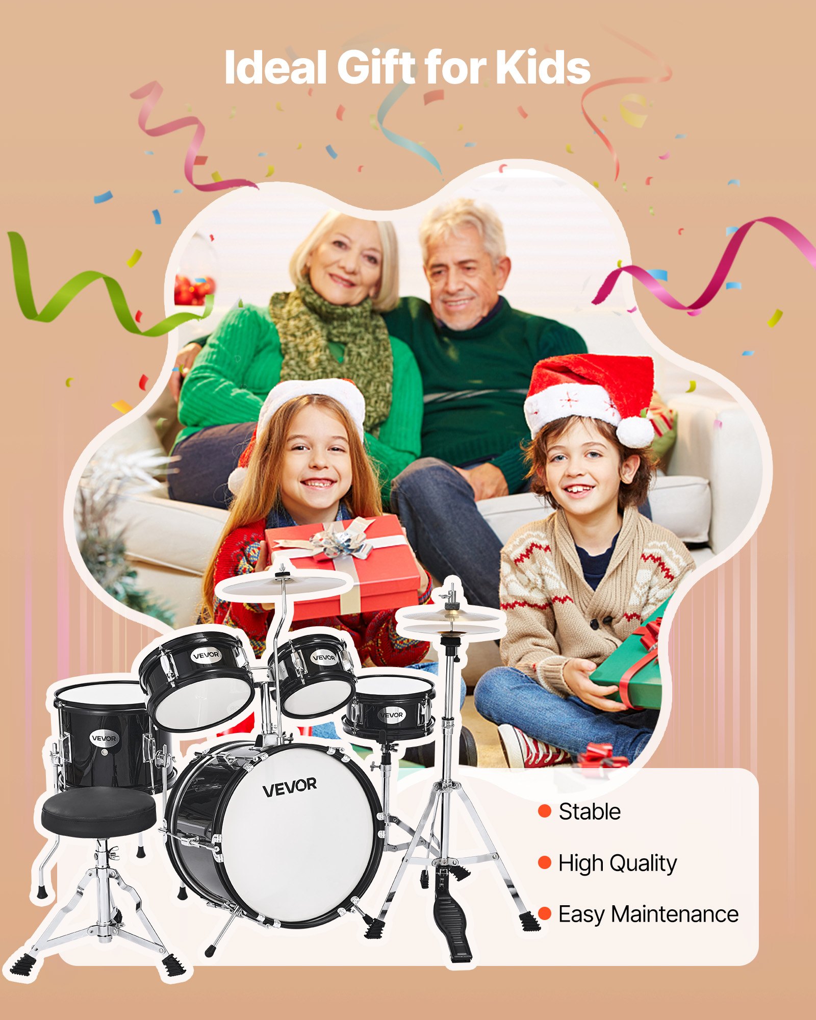 VEVOR Kids Drum Set, 5-Piece 355.6 mm Junior Drum Sets, Beginner Drums Set with Adjustable Throne and Two Pairs of Drumsticks, Musical Learning Drums Instruments Kit, for Children Ages 6-13(Black)