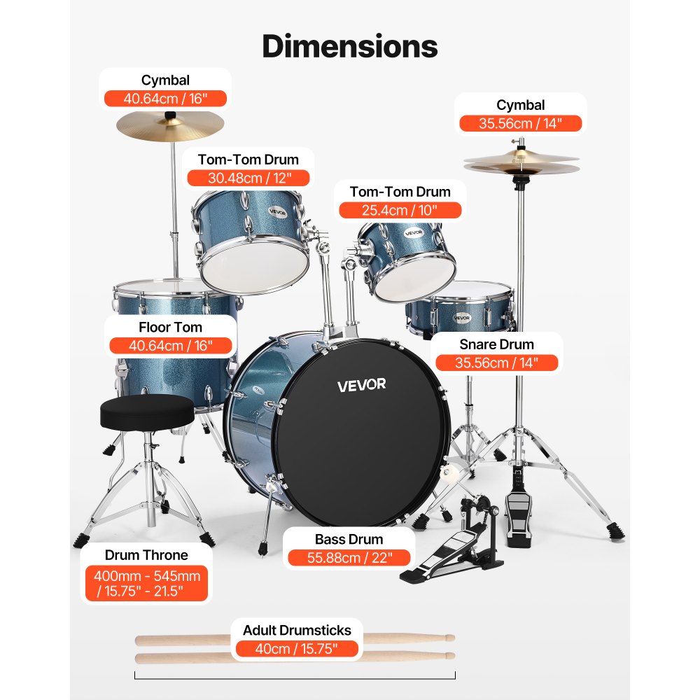 VEVOR Drum Set, 5-Piece 558.8 mm Junior Drum Sets, Beginner Drums Set with Adjustable Throne, Cymbal and Drumsticks, Musical Learning Drums Instrument Kit, for Beginner, Teens & Student (Gravel Blue)