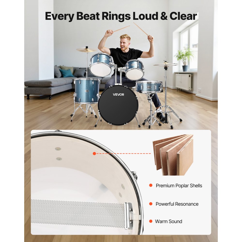 VEVOR Drum Set, 5-Piece 558.8 mm Junior Drum Sets, Beginner Drums Set with Adjustable Throne, Cymbal and Drumsticks, Musical Learning Drums Instrument Kit, for Beginner, Teens & Student (Gravel Blue)