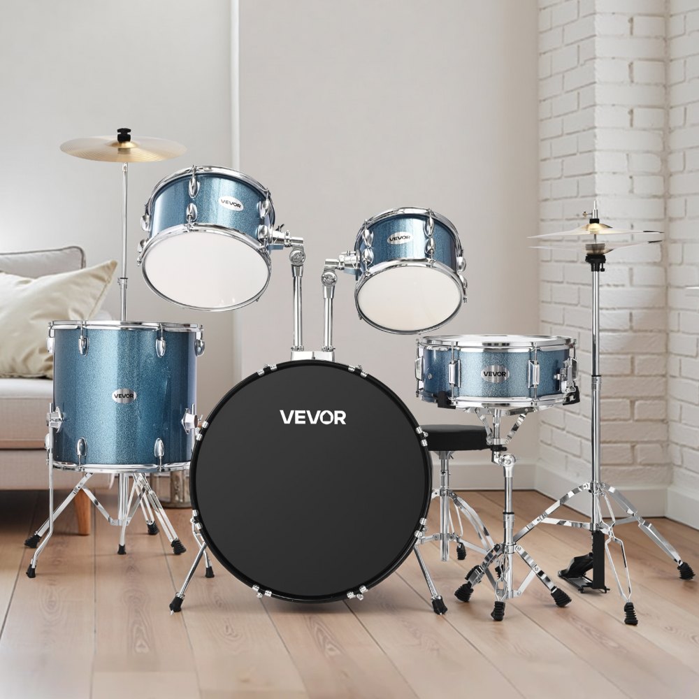 VEVOR Drum Set, 5-Piece 558.8 mm Junior Drum Sets, Beginner Drums Set with Adjustable Throne, Cymbal and Drumsticks, Musical Learning Drums Instrument Kit, for Beginner, Teens & Student (Gravel Blue)