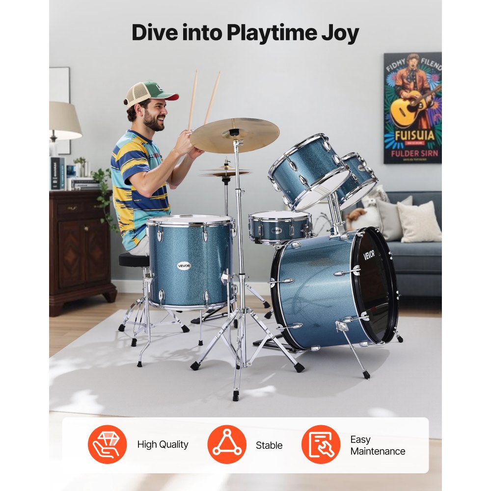VEVOR Drum Set, 5-Piece 558.8 mm Junior Drum Sets, Beginner Drums Set with Adjustable Throne, Cymbal and Drumsticks, Musical Learning Drums Instrument Kit, for Beginner, Teens & Student (Gravel Blue)