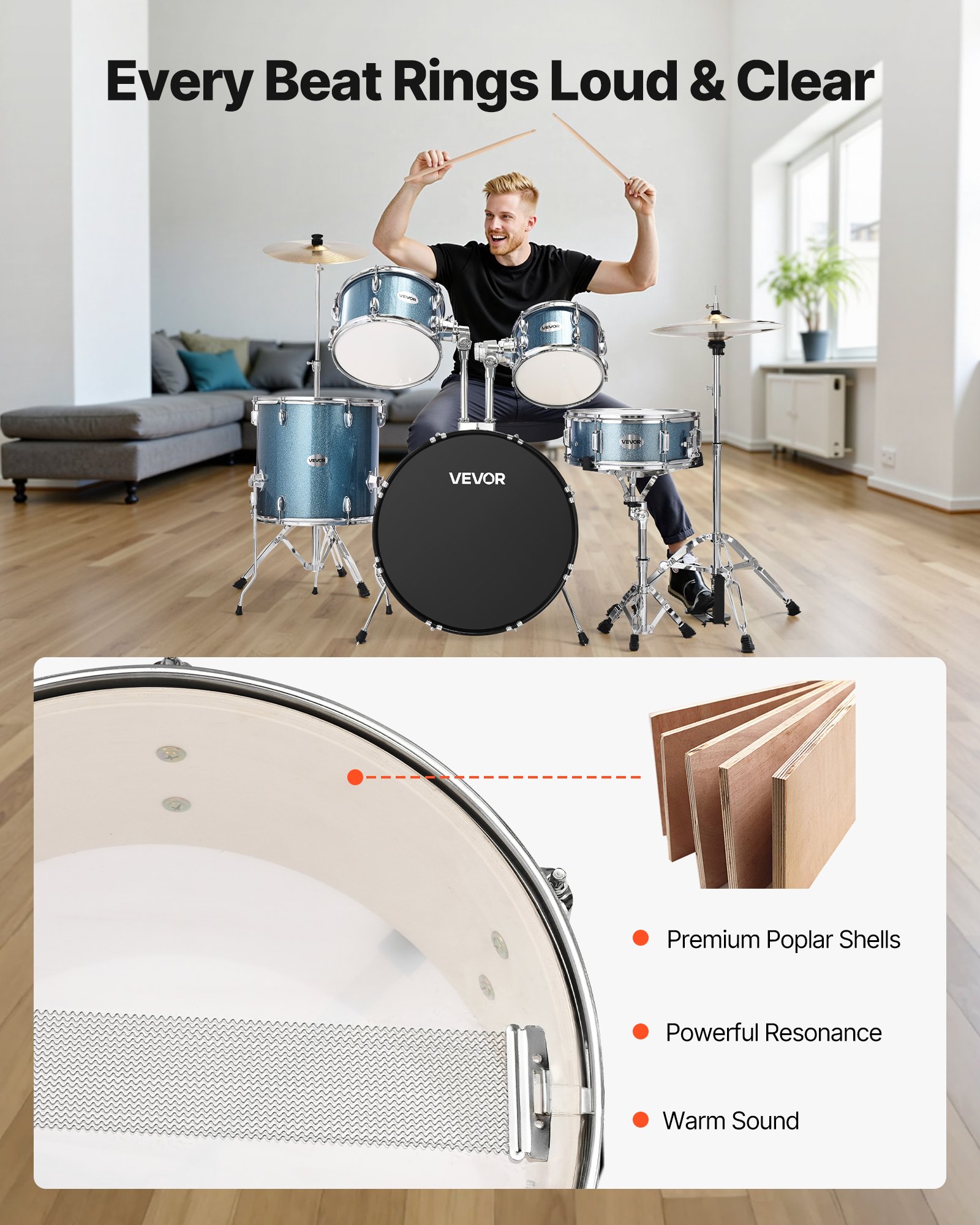 VEVOR Drum Set, 5-Piece 558.8 mm Junior Drum Sets, Beginner Drums Set with Adjustable Throne, Cymbal and Drumsticks, Musical Learning Drums Instrument Kit, for Beginner, Teens & Student (Gravel Blue)