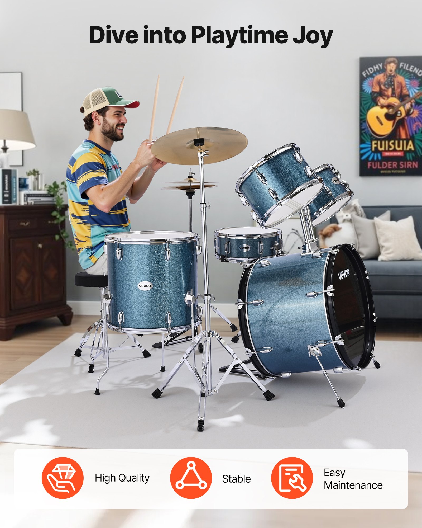 VEVOR Drum Set, 5-Piece 558.8 mm Junior Drum Sets, Beginner Drums Set with Adjustable Throne, Cymbal and Drumsticks, Musical Learning Drums Instrument Kit, for Beginner, Teens & Student (Gravel Blue)