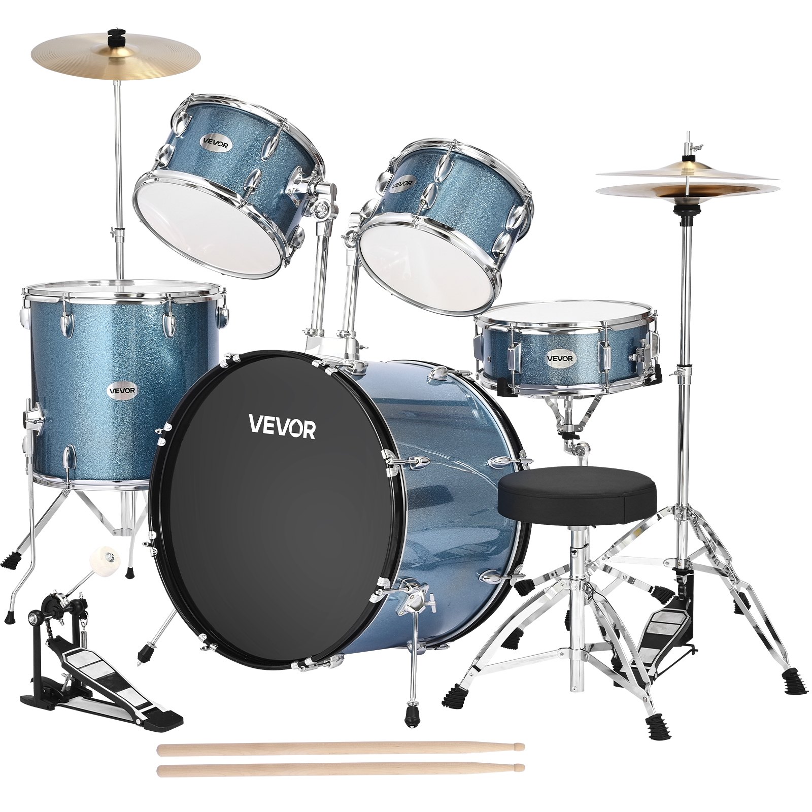 VEVOR Drum Set, 5-Piece 558.8 mm Junior Drum Sets, Beginner Drums Set with Adjustable Throne, Cymbal and Drumsticks, Musical Learning Drums Instrument Kit, for Beginner, Teens & Student (Gravel Blue)