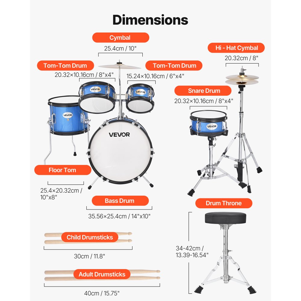 VEVOR Kids Drum Set, 5-Piece 355.6 mm Junior Drum Sets, Beginner Drums Set with Adjustable Throne and Two Pairs of Drumsticks, Musical Learning Drums Instruments Kit, for Children Ages 6-13 (Blue)