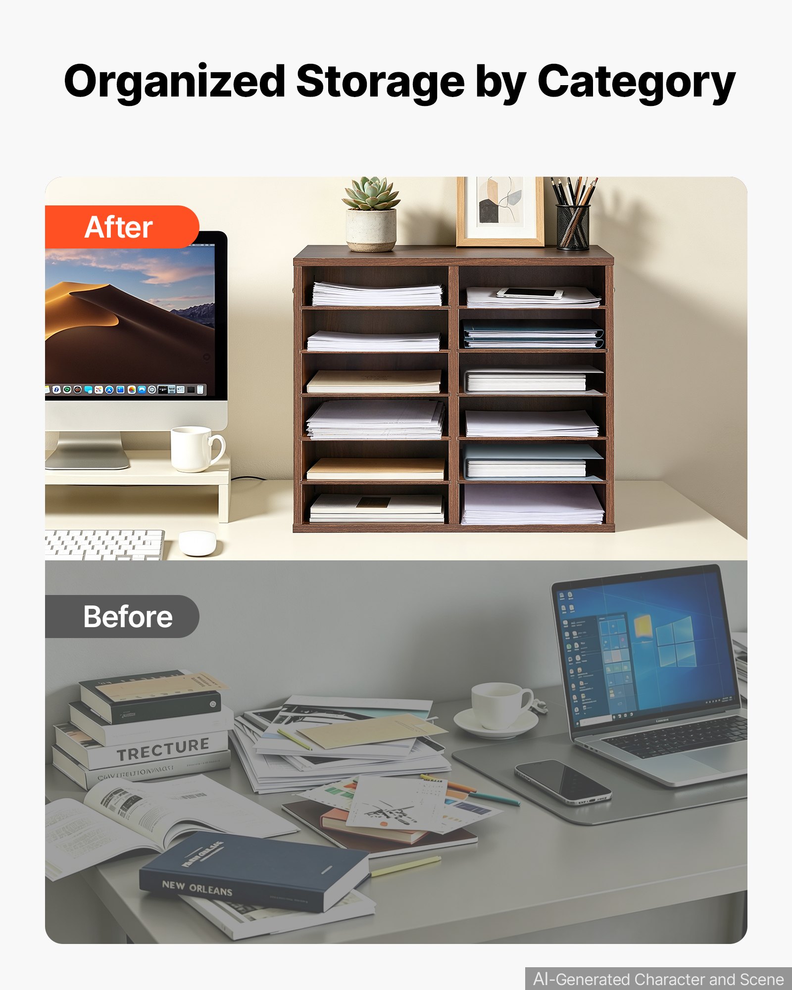 VEVOR Wood Literature Organizer 12 Compartments Office Mailboxes Brown, Countertop Literature Sorter for Files Documents Papers, with Adjustable Shelves, for Office, Home, Classroom Organization