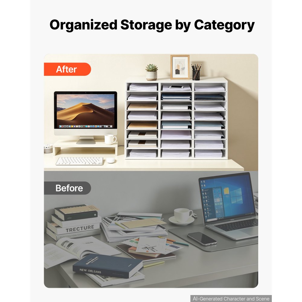 VEVOR Wood Literature Organizer 24 Compartments Office Mailboxes White, Countertop Literature Sorter for Files Documents Papers, with Adjustable Shelves, for Office, Home, Classroom Organization