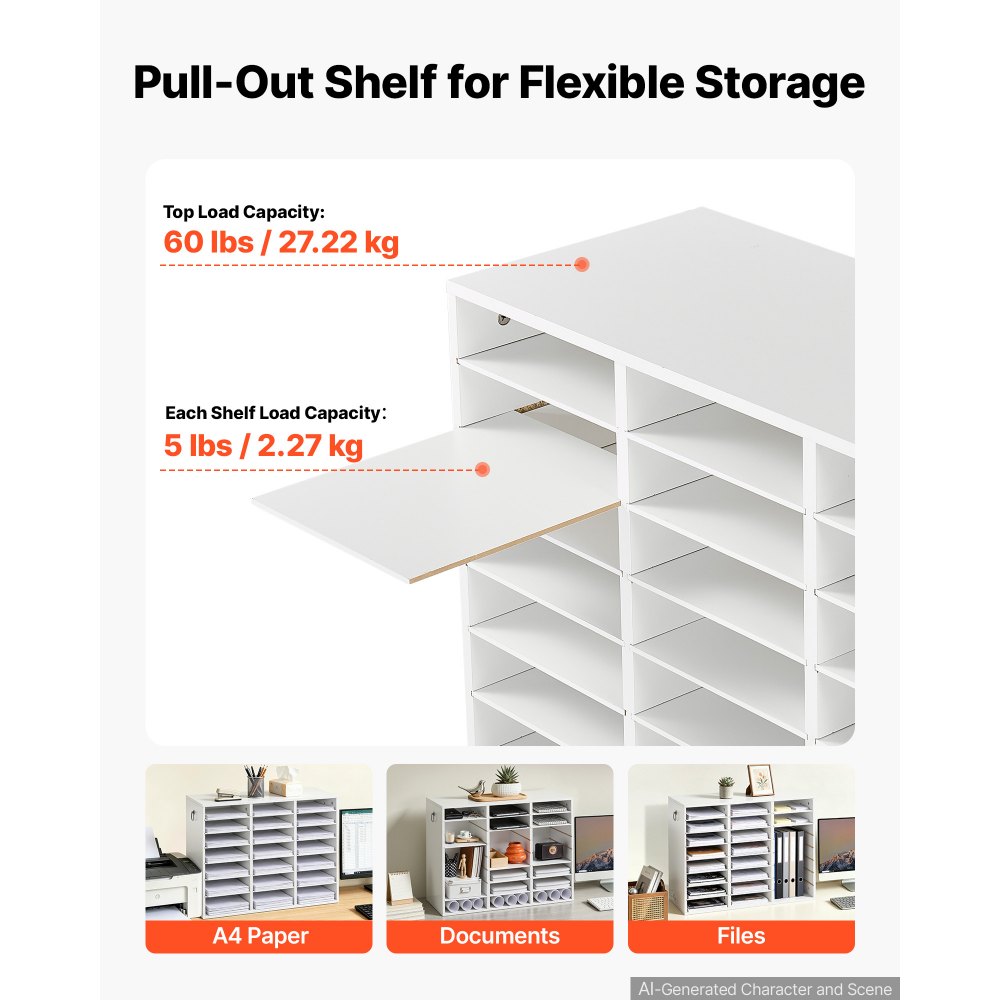 VEVOR Wood Literature Organizer 24 Compartments Office Mailboxes White, Countertop Literature Sorter for Files Documents Papers, with Adjustable Shelves, for Office, Home, Classroom Organization