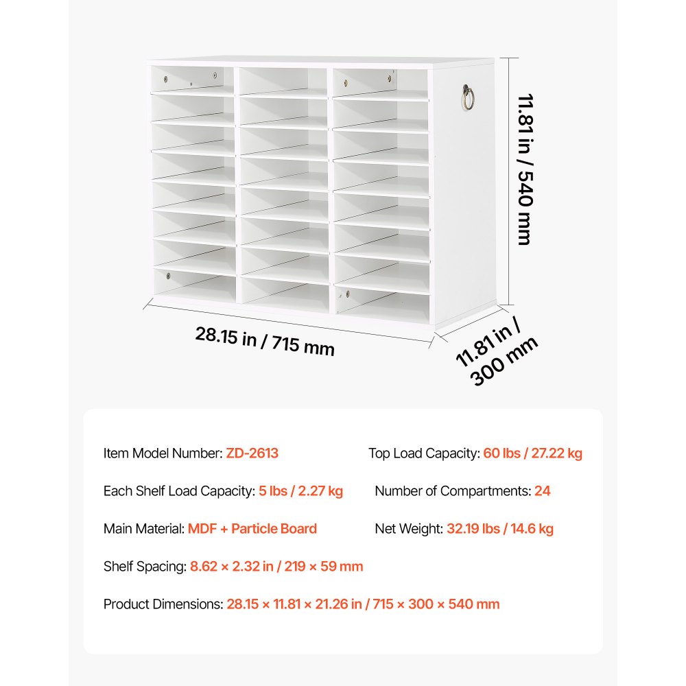 VEVOR Wood Literature Organizer 24 Compartments Office Mailboxes White, Countertop Literature Sorter for Files Documents Papers, with Adjustable Shelves, for Office, Home, Classroom Organization