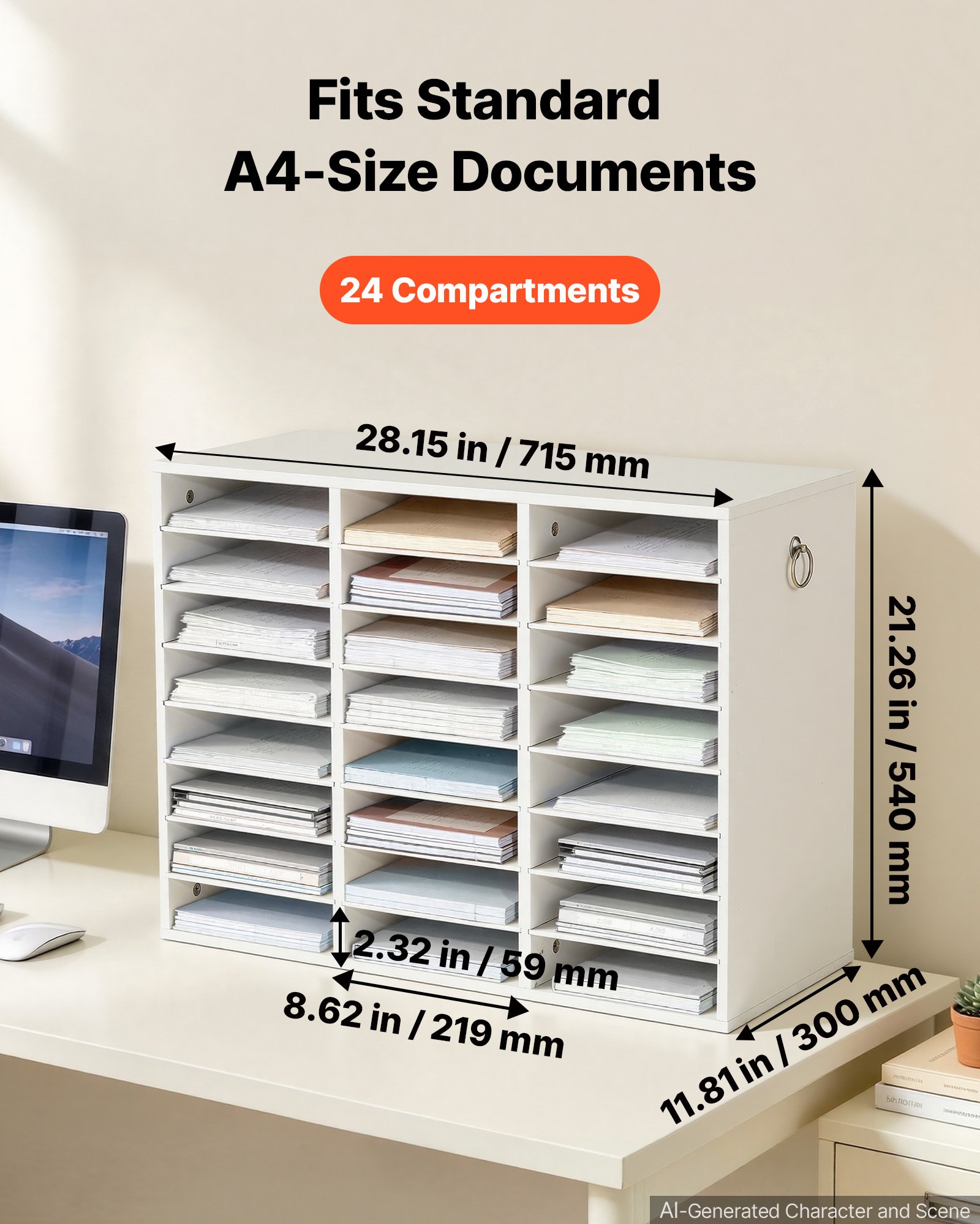 VEVOR Wood Literature Organizer 24 Compartments Office Mailboxes White, Countertop Literature Sorter for Files Documents Papers, with Adjustable Shelves, for Office, Home, Classroom Organization
