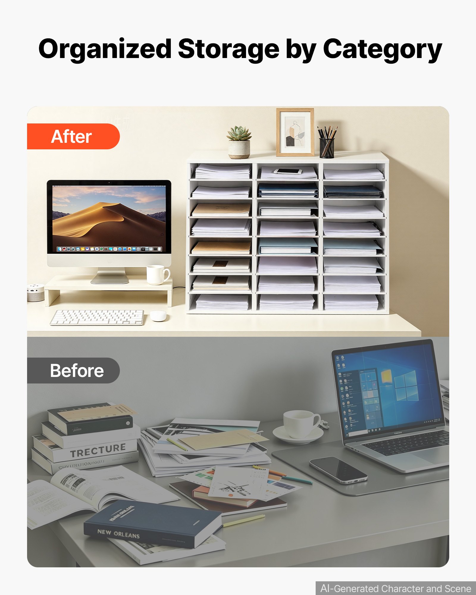 VEVOR Wood Literature Organizer 24 Compartments Office Mailboxes White, Countertop Literature Sorter for Files Documents Papers, with Adjustable Shelves, for Office, Home, Classroom Organization