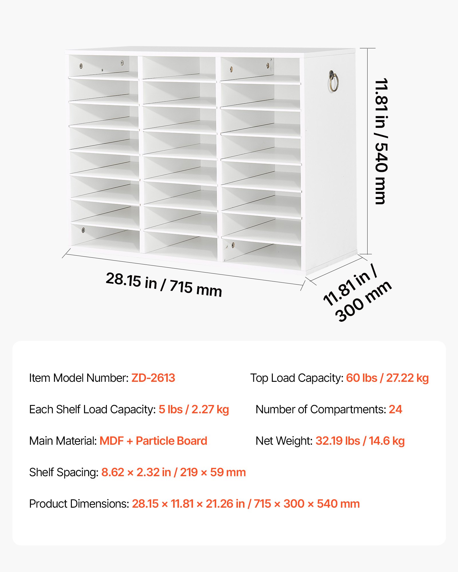 VEVOR Wood Literature Organizer 24 Compartments Office Mailboxes White, Countertop Literature Sorter for Files Documents Papers, with Adjustable Shelves, for Office, Home, Classroom Organization