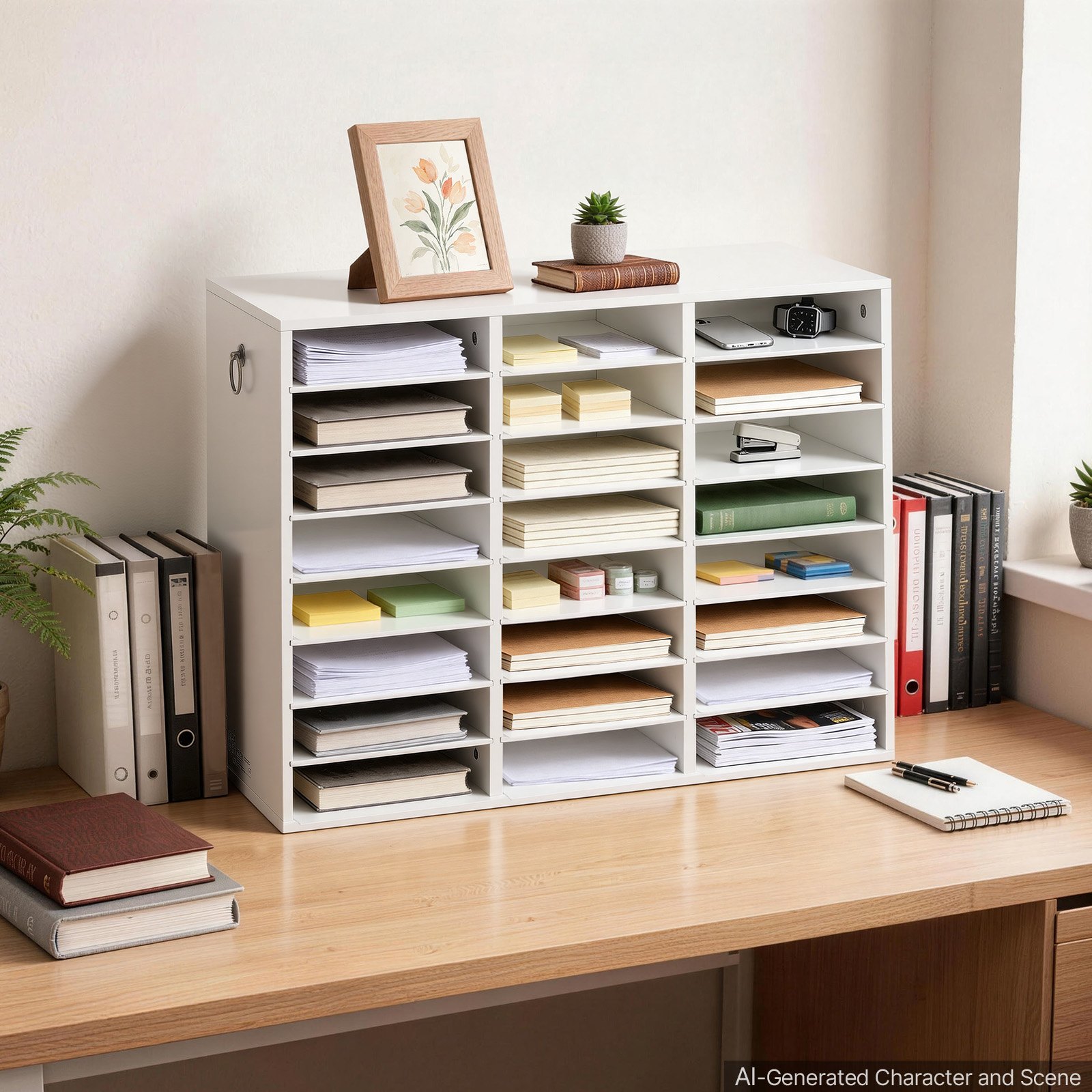VEVOR Wood Literature Organizer 24 Compartments Office Mailboxes White, Countertop Literature Sorter for Files Documents Papers, with Adjustable Shelves, for Office, Home, Classroom Organization