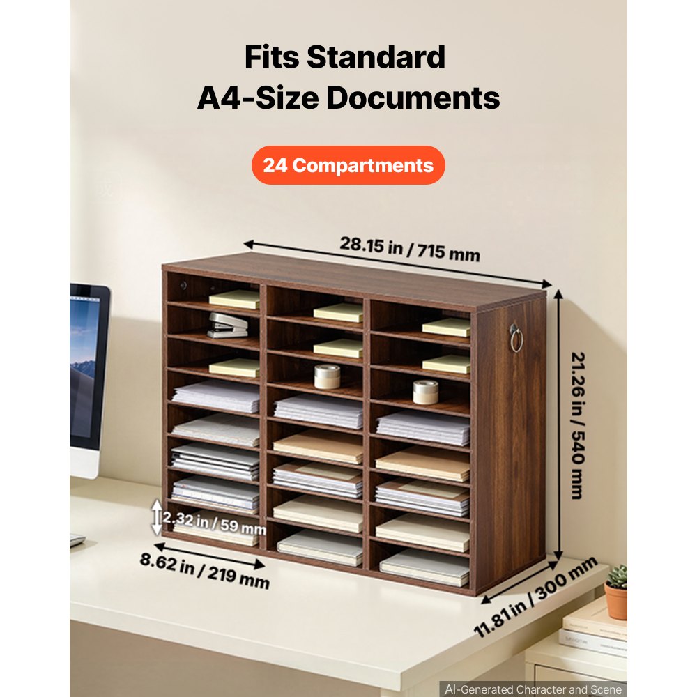 VEVOR Wood Literature Organizer 24 Compartments Office Mailboxes Brown, Countertop Literature Sorter for Files Documents Papers, with Adjustable Shelves, for Office, Home, Classroom Organization