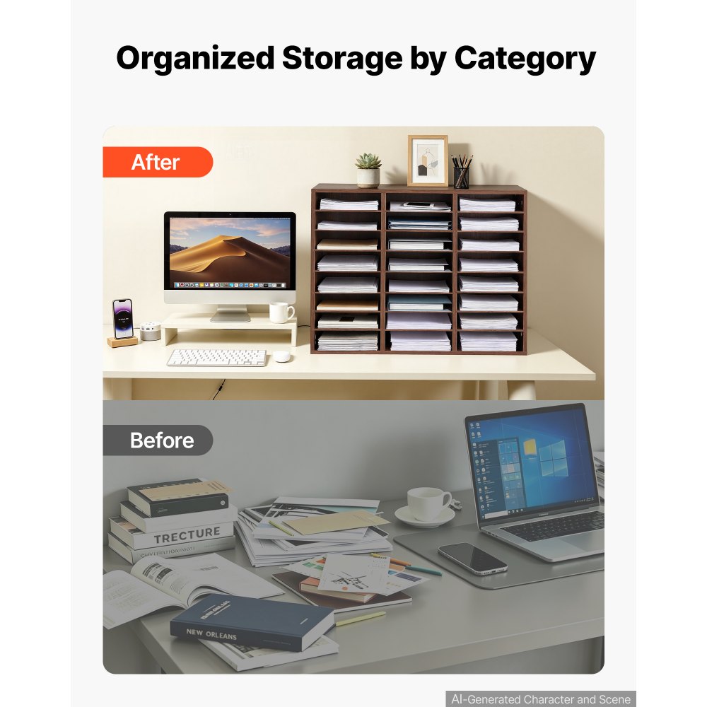 VEVOR Wood Literature Organizer 24 Compartments Office Mailboxes Brown, Countertop Literature Sorter for Files Documents Papers, with Adjustable Shelves, for Office, Home, Classroom Organization