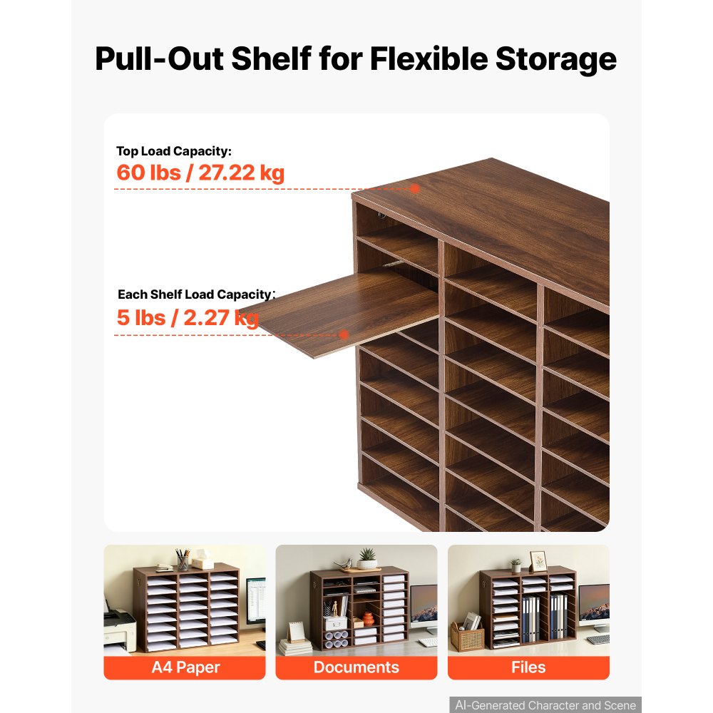 VEVOR Wood Literature Organizer 24 Compartments Office Mailboxes Brown, Countertop Literature Sorter for Files Documents Papers, with Adjustable Shelves, for Office, Home, Classroom Organization