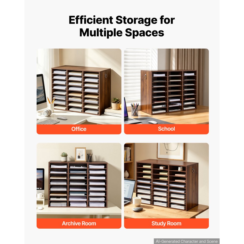 VEVOR Wood Literature Organizer 24 Compartments Office Mailboxes Brown, Countertop Literature Sorter for Files Documents Papers, with Adjustable Shelves, for Office, Home, Classroom Organization