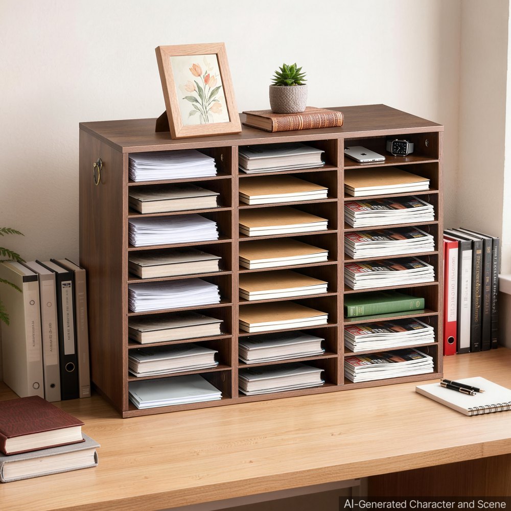 VEVOR Wood Literature Organizer 24 Compartments Office Mailboxes Brown, Countertop Literature Sorter for Files Documents Papers, with Adjustable Shelves, for Office, Home, Classroom Organization