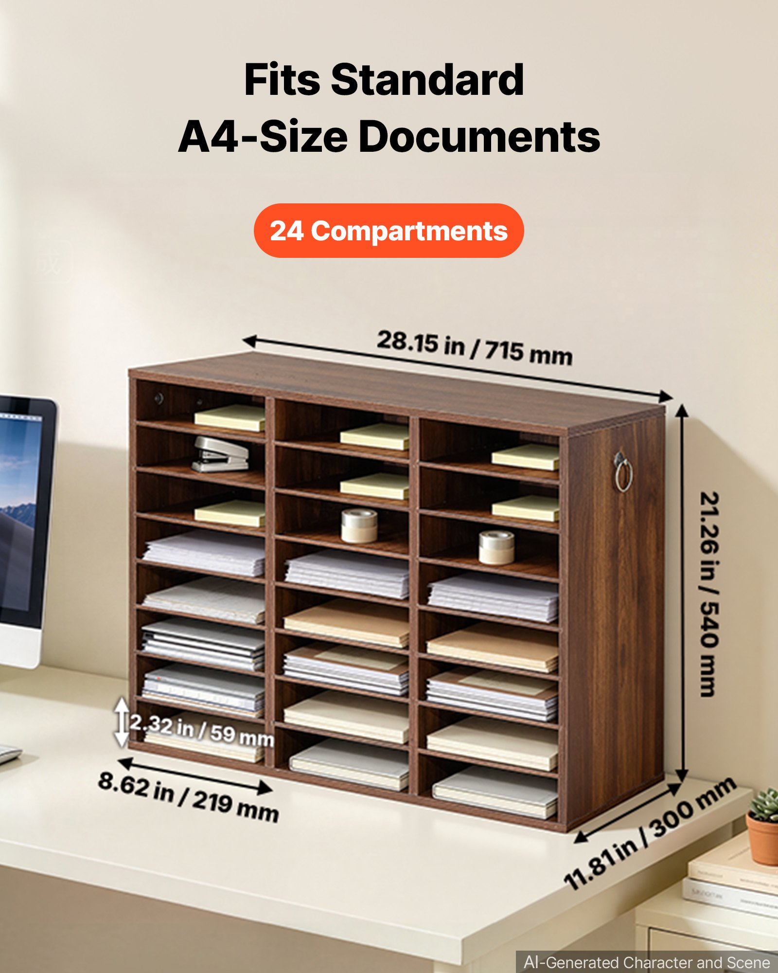 VEVOR Wood Literature Organizer 24 Compartments Office Mailboxes Brown, Countertop Literature Sorter for Files Documents Papers, with Adjustable Shelves, for Office, Home, Classroom Organization