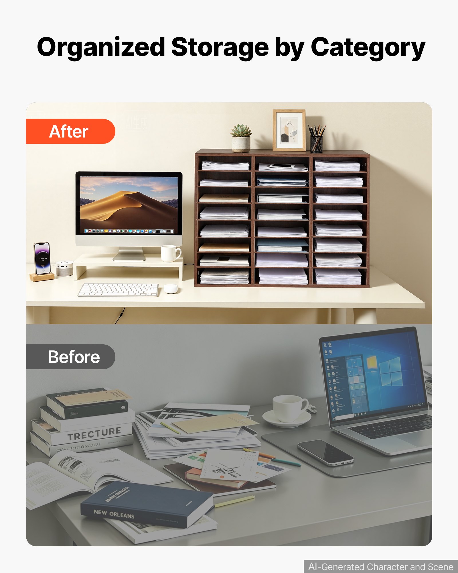 VEVOR Wood Literature Organizer 24 Compartments Office Mailboxes Brown, Countertop Literature Sorter for Files Documents Papers, with Adjustable Shelves, for Office, Home, Classroom Organization