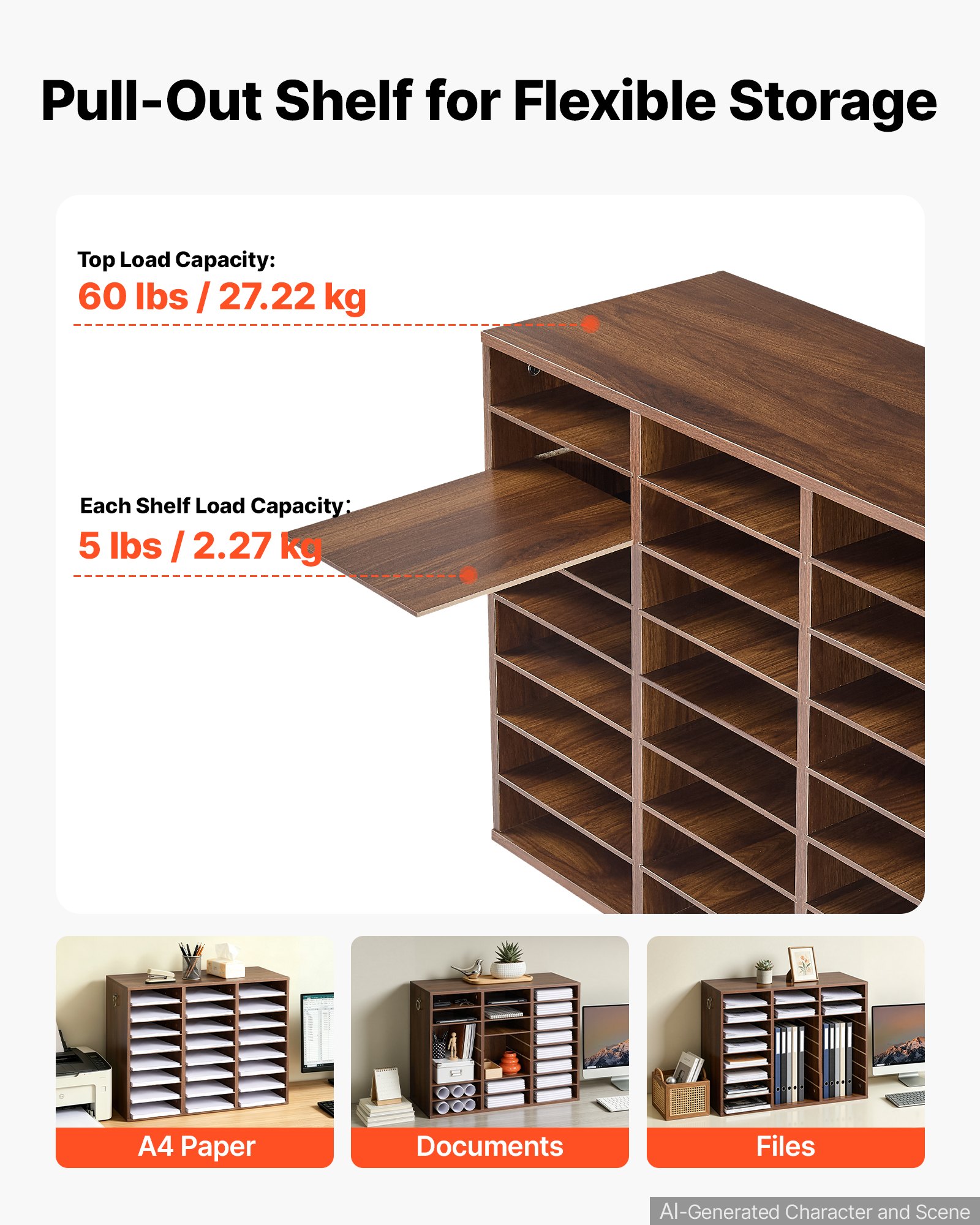 VEVOR Wood Literature Organizer 24 Compartments Office Mailboxes Brown, Countertop Literature Sorter for Files Documents Papers, with Adjustable Shelves, for Office, Home, Classroom Organization