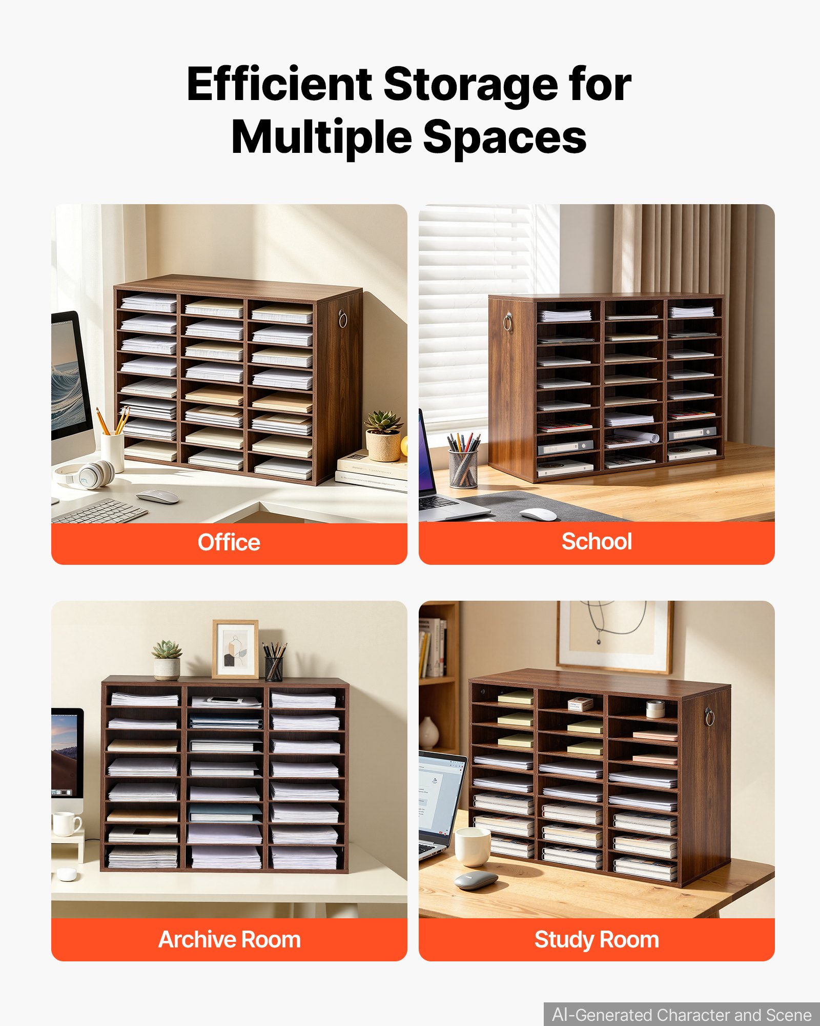 VEVOR Wood Literature Organizer 24 Compartments Office Mailboxes Brown, Countertop Literature Sorter for Files Documents Papers, with Adjustable Shelves, for Office, Home, Classroom Organization