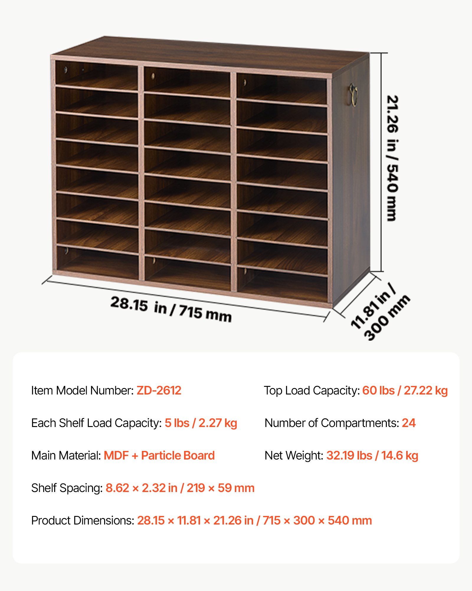 VEVOR Wood Literature Organizer 24 Compartments Office Mailboxes Brown, Countertop Literature Sorter for Files Documents Papers, with Adjustable Shelves, for Office, Home, Classroom Organization