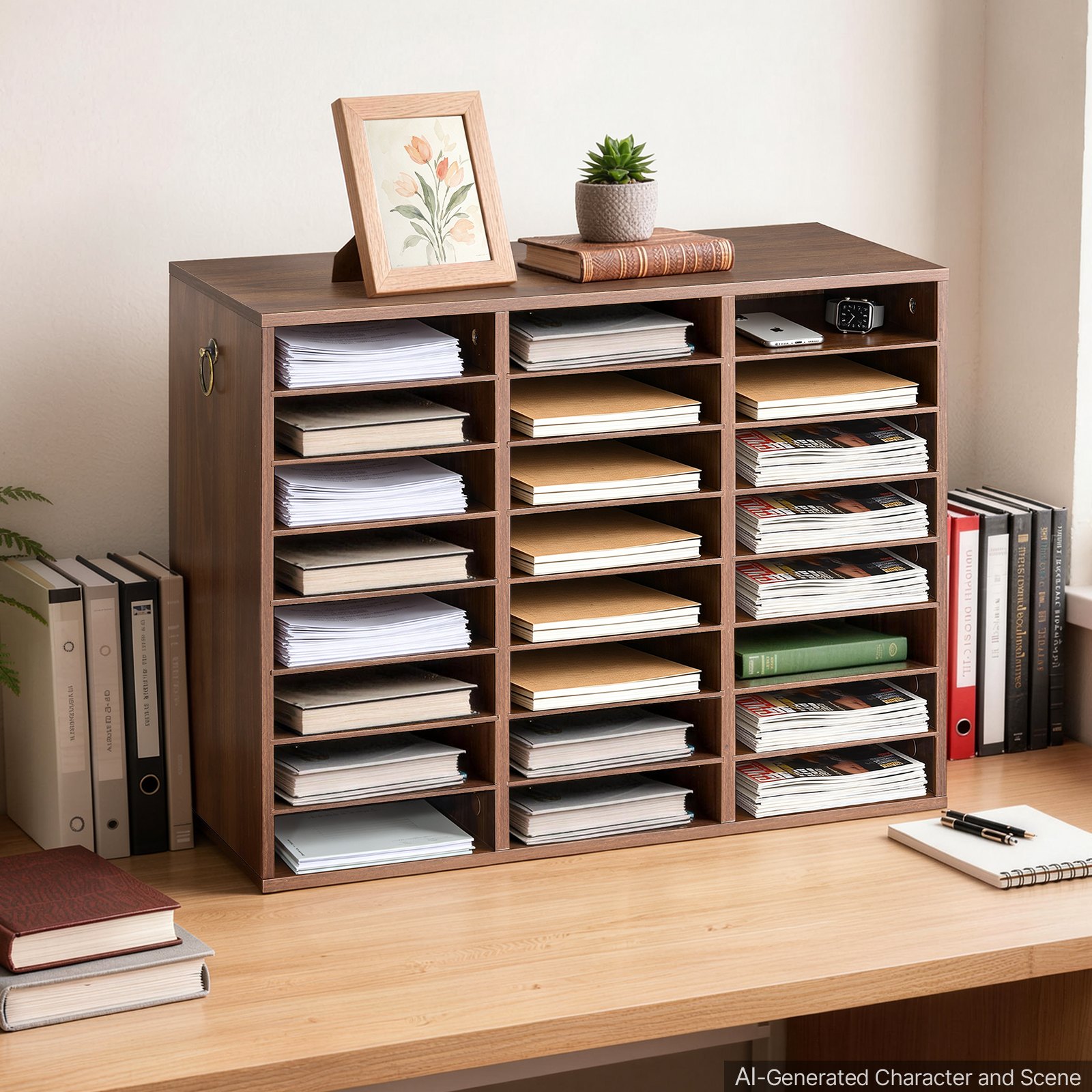 VEVOR Wood Literature Organizer 24 Compartments Office Mailboxes Brown, Countertop Literature Sorter for Files Documents Papers, with Adjustable Shelves, for Office, Home, Classroom Organization