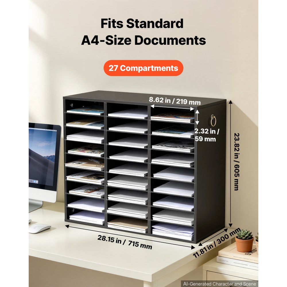 VEVOR Wood Literature Organizer 27 Compartments Office Mailboxes Black, Countertop Literature Sorter for Files Documents Papers, with Adjustable Shelves, for Office, Home, Classroom Organization