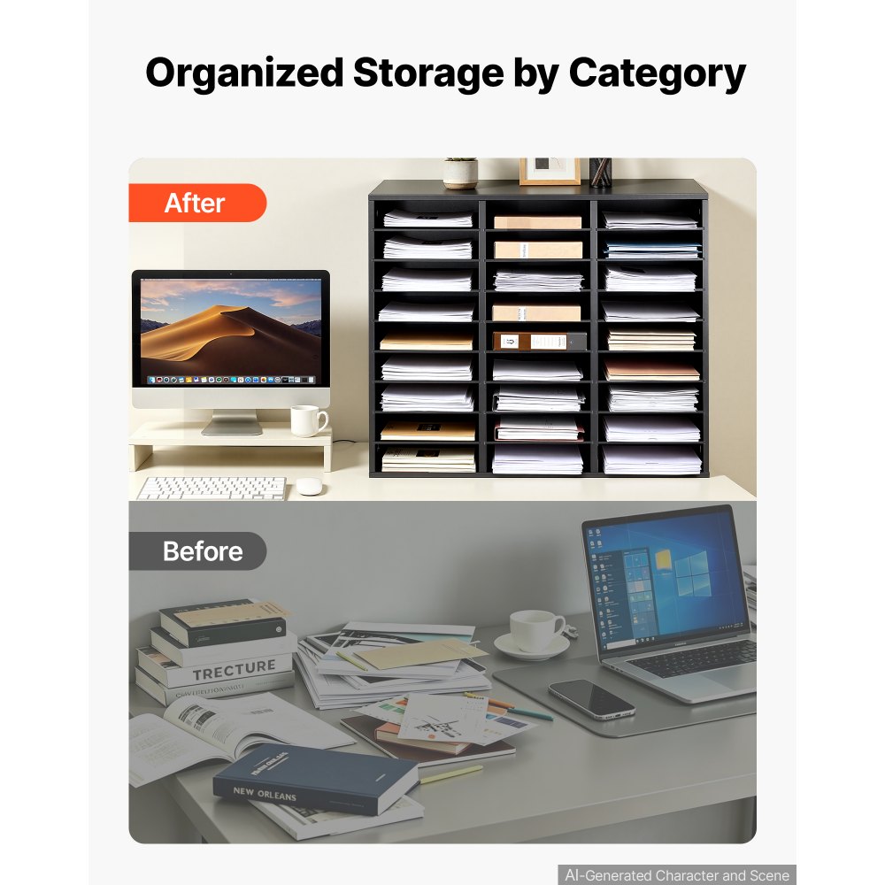 VEVOR Wood Literature Organizer 27 Compartments Office Mailboxes Black, Countertop Literature Sorter for Files Documents Papers, with Adjustable Shelves, for Office, Home, Classroom Organization
