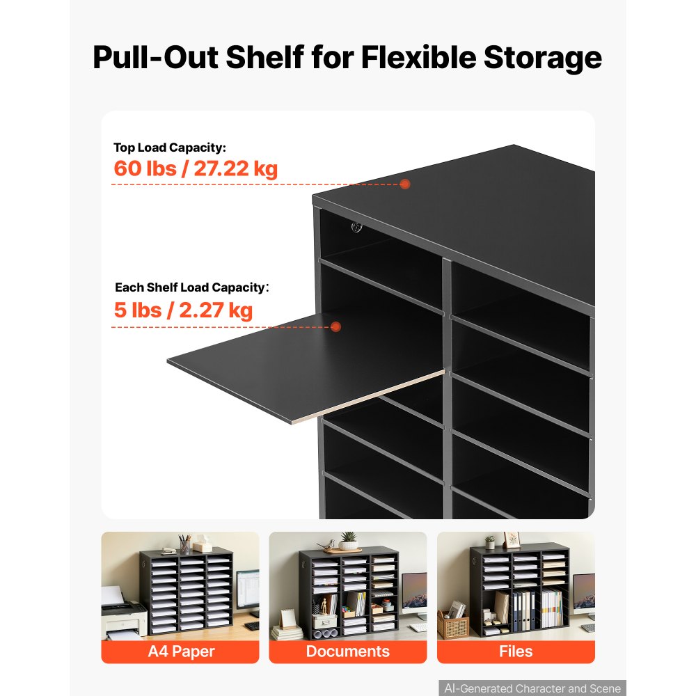 VEVOR Wood Literature Organizer 27 Compartments Office Mailboxes Black, Countertop Literature Sorter for Files Documents Papers, with Adjustable Shelves, for Office, Home, Classroom Organization