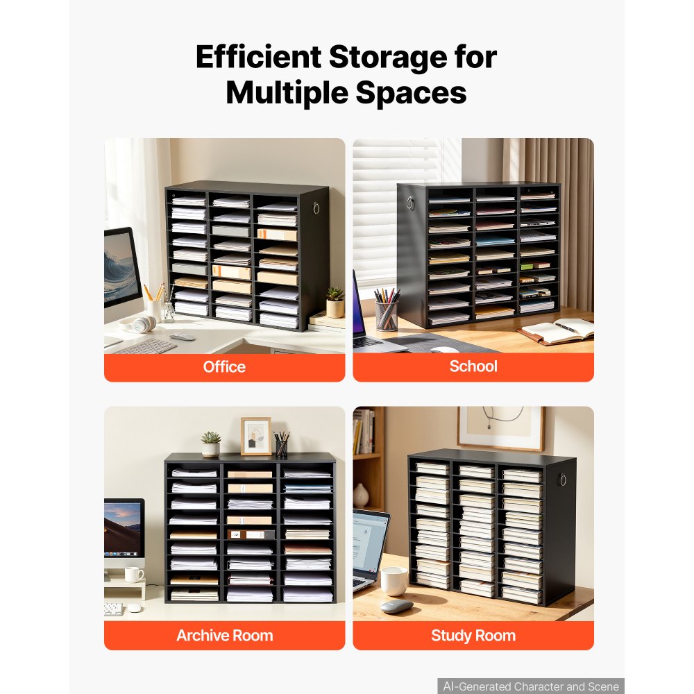 VEVOR Wood Literature Organizer 27 Compartments Office Mailboxes Black, Countertop Literature Sorter for Files Documents Papers, with Adjustable Shelves, for Office, Home, Classroom Organization