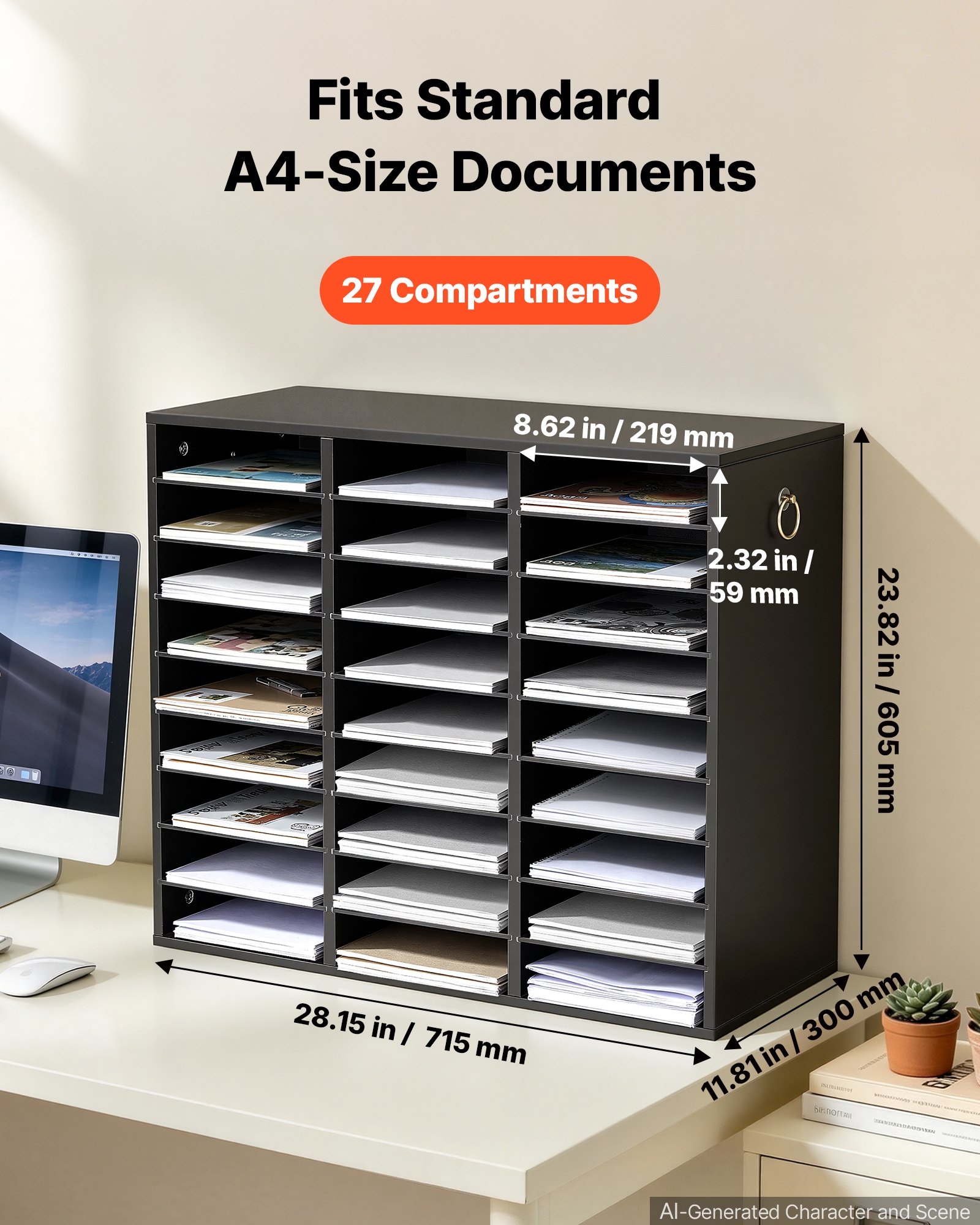 VEVOR Wood Literature Organizer 27 Compartments Office Mailboxes Black, Countertop Literature Sorter for Files Documents Papers, with Adjustable Shelves, for Office, Home, Classroom Organization