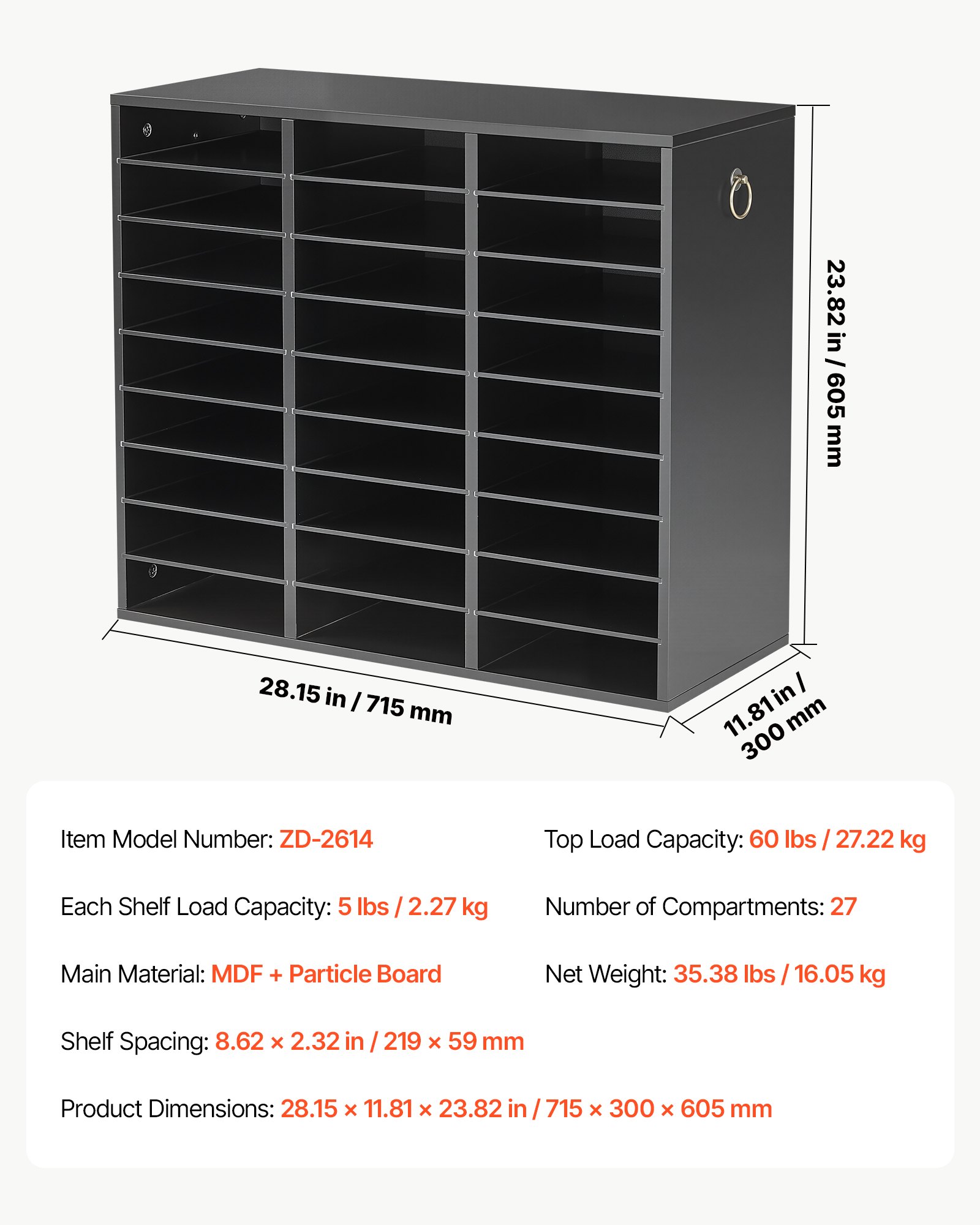 VEVOR Wood Literature Organizer 27 Compartments Office Mailboxes Black, Countertop Literature Sorter for Files Documents Papers, with Adjustable Shelves, for Office, Home, Classroom Organization