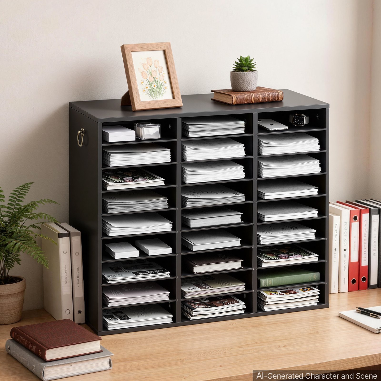 VEVOR Wood Literature Organizer 27 Compartments Office Mailboxes Black, Countertop Literature Sorter for Files Documents Papers, with Adjustable Shelves, for Office, Home, Classroom Organization