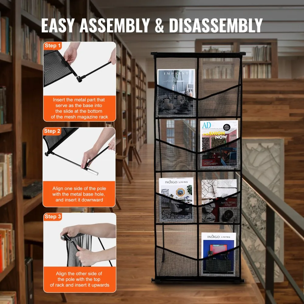 assembly steps for the VEVOR brochure display stand in a library setting with shelves and books.