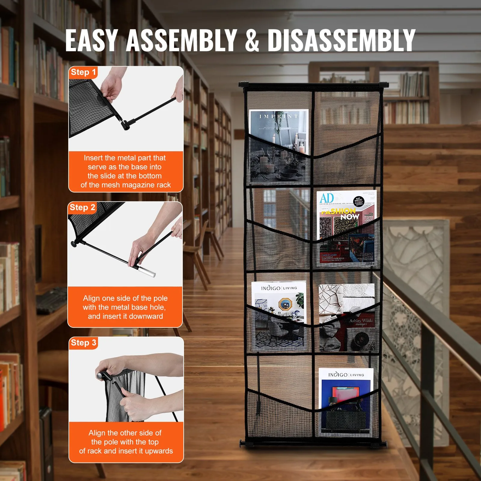 assembly steps for the VEVOR brochure display stand in a library setting with shelves and books.