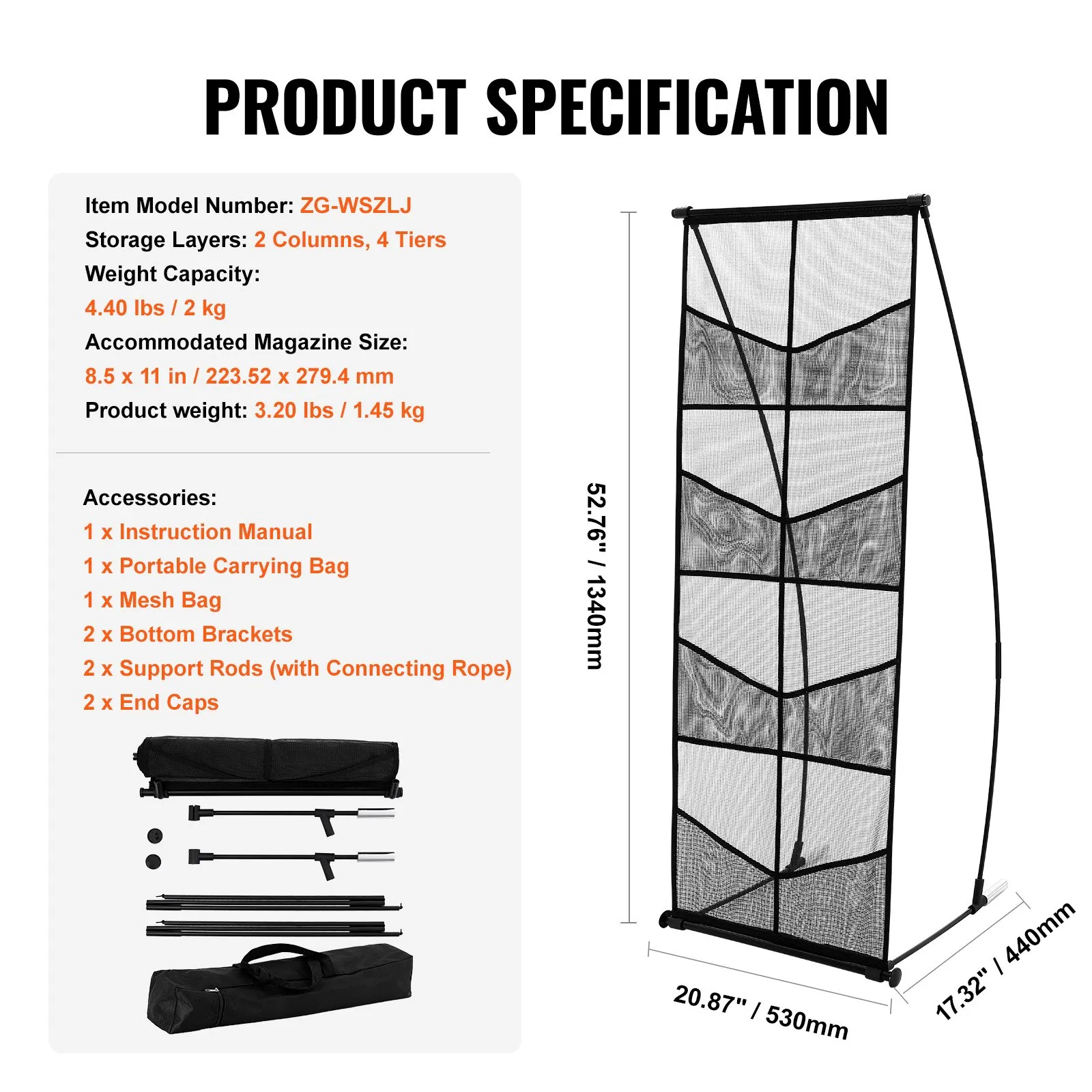 VEVOR brochure display stand with 4 tiers, dimensions 52.76&quot;h x 20.87&quot;w x 17.32&quot;d, includes accessories.