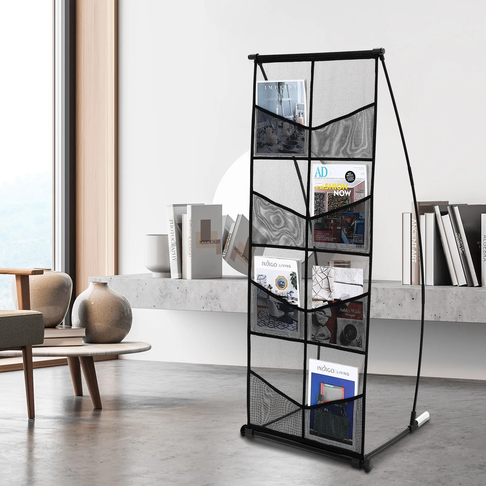 VEVOR brochure display stand with sleek black design holding various magazines in a modern office space.